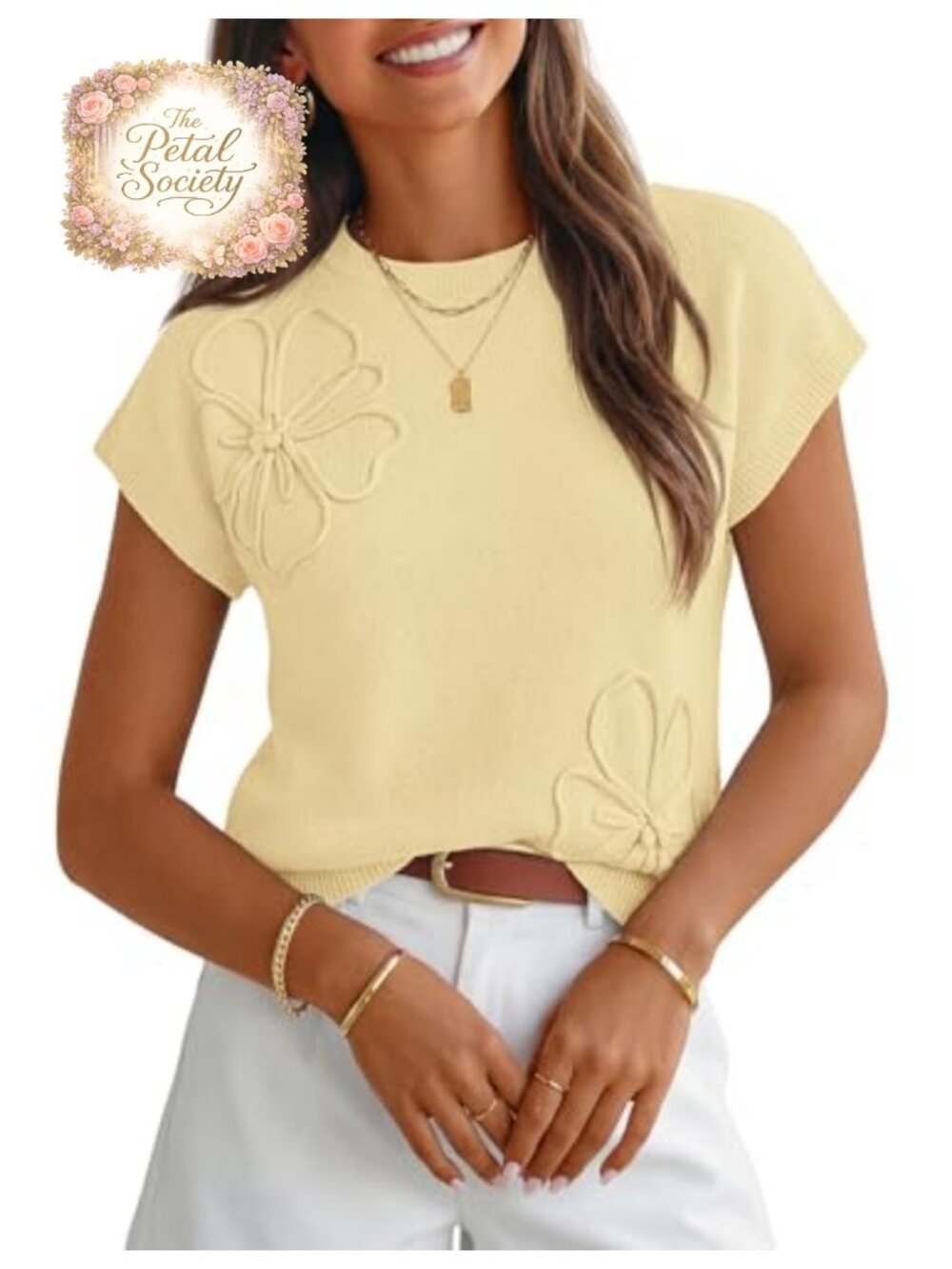Floral Knit Sweater Vest Cap Sleeve Crew Neck Textured Pullover